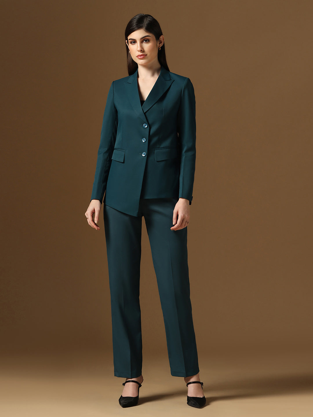 Women Turquoise Blazer And Trousers Suit Set - Tahvo India
