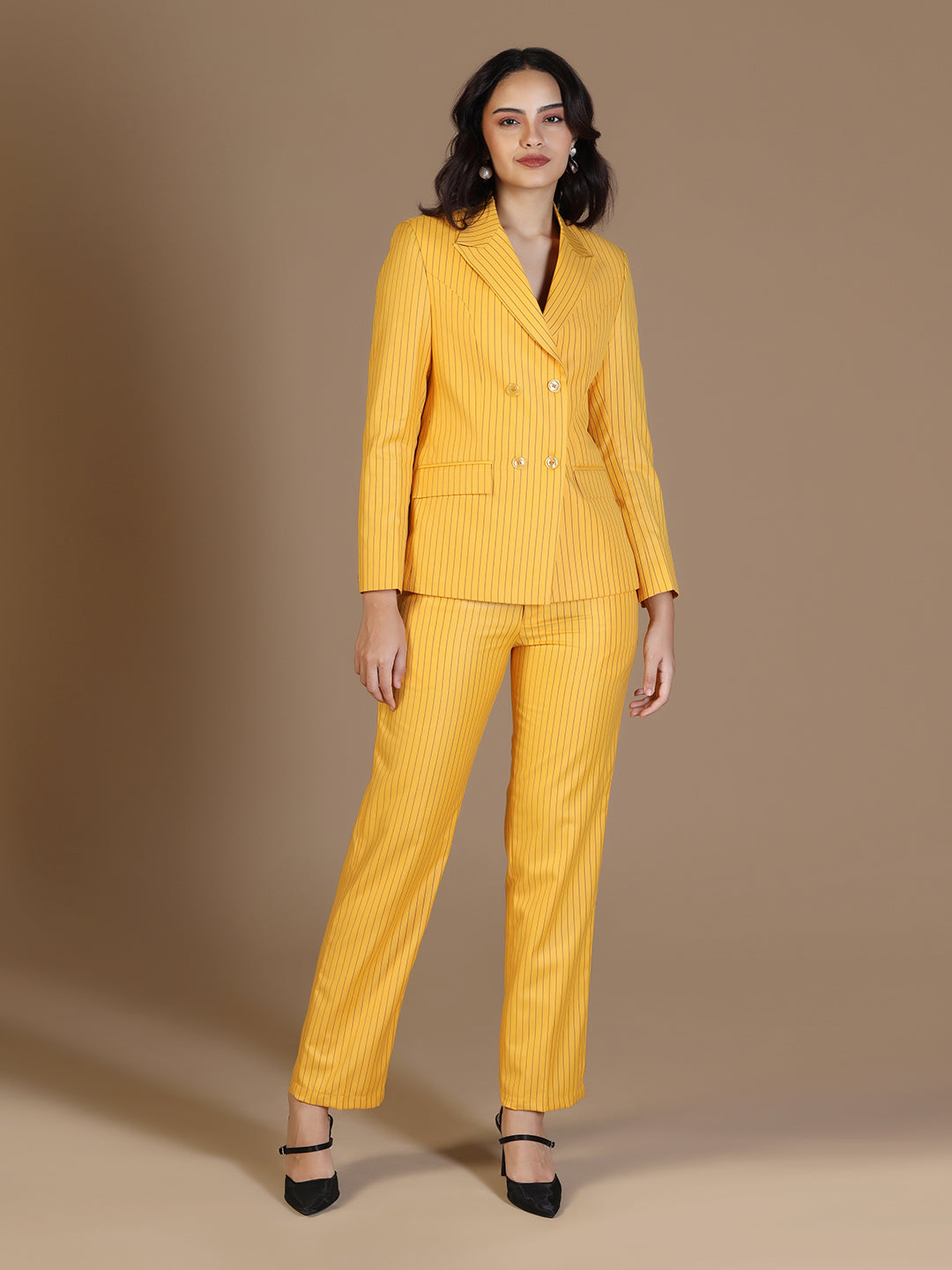 Women Yellow Blazer And Trousers Suit Set - Tahvo India