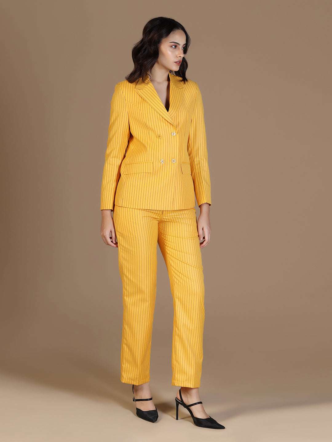 Women Yellow Blazer And Trousers Suit Set - Tahvo India