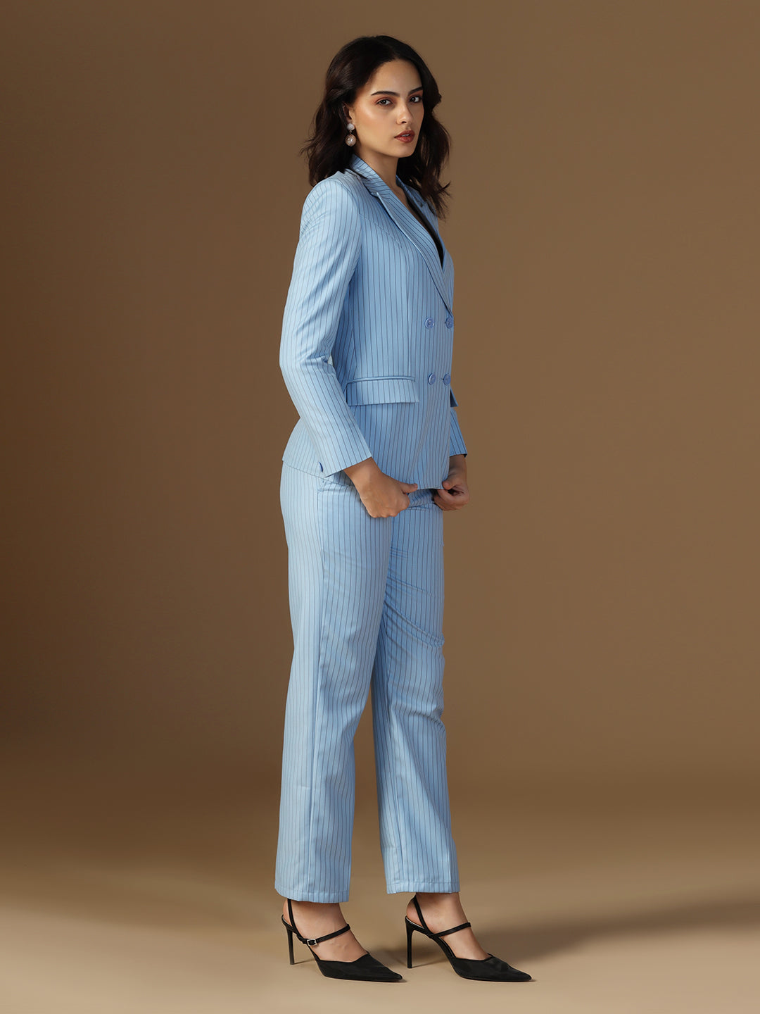 Women Blue Blazer And Trousers Suit Set - Tahvo India