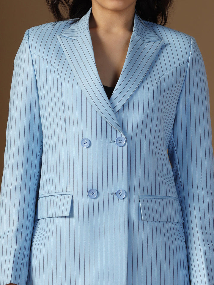 Women Blue Blazer And Trousers Suit Set - Tahvo India