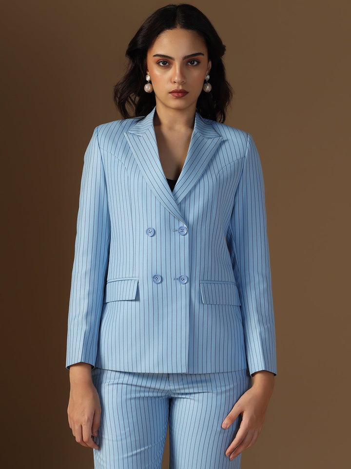 Women Blue Blazer And Trousers Suit Set - Tahvo India