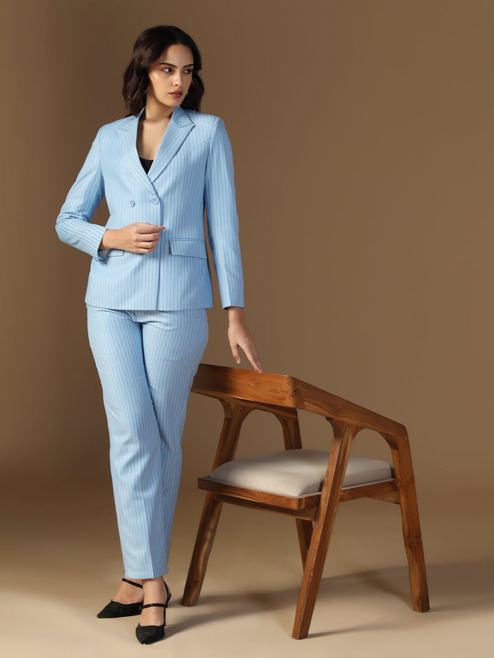 Women Blue Blazer And Trousers Suit Set - Tahvo India