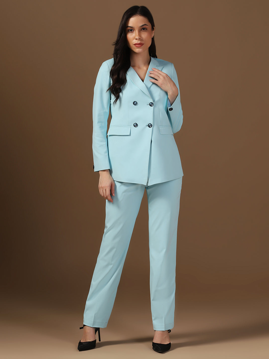 Women Ice Blue Blazer And Trousers Suit Set - Tahvo India