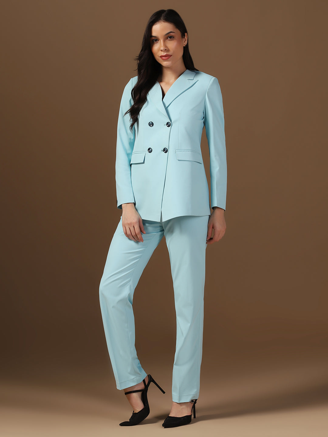 Women Ice Blue Blazer And Trousers Suit Set - Tahvo India