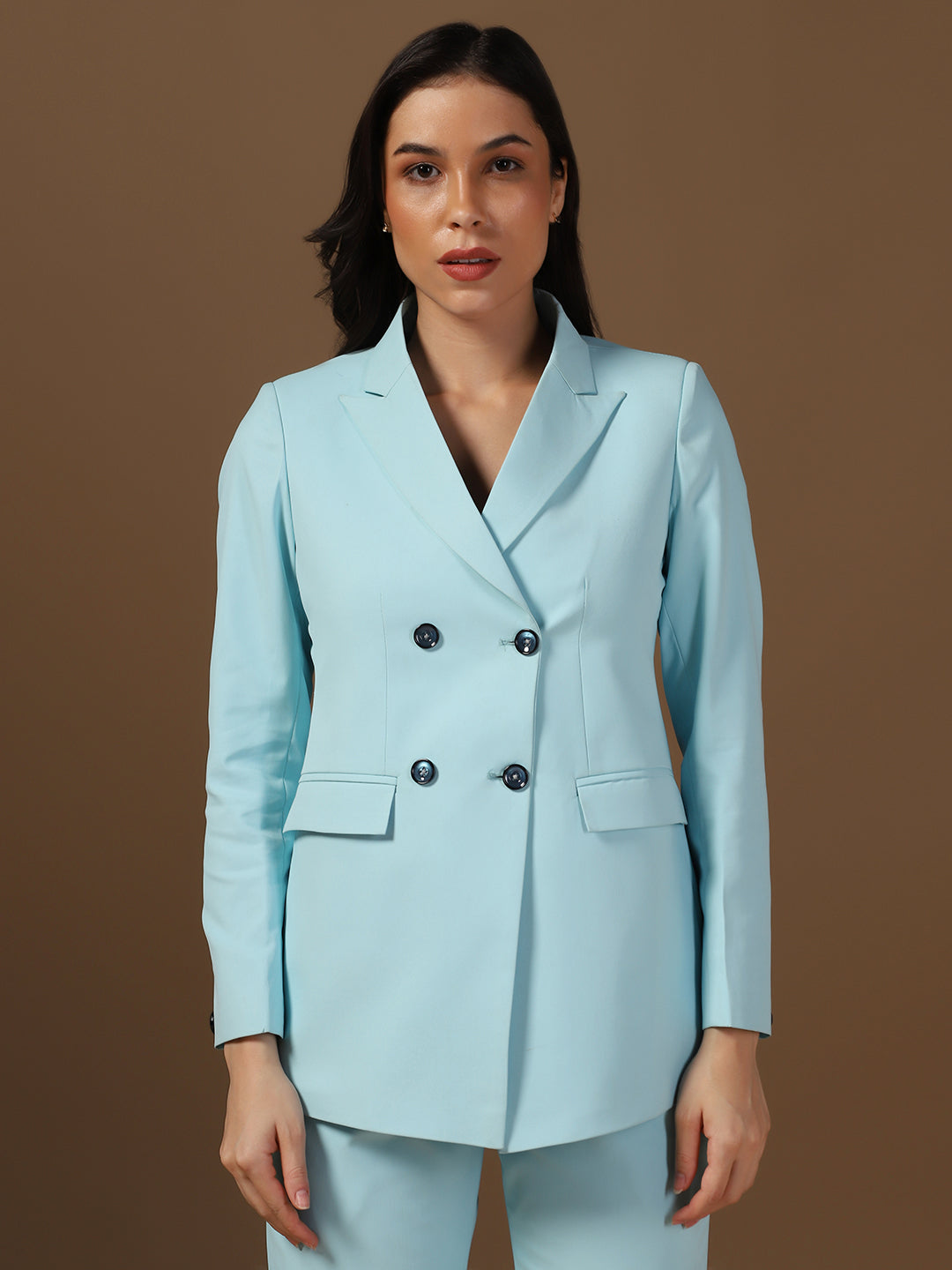 Women Ice Blue Blazer And Trousers Suit Set - Tahvo India