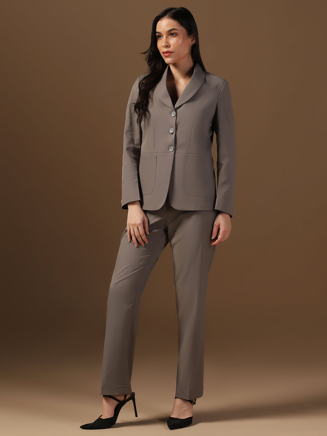 Women Dark Grey Blazer And Trousers Suit Set - Tahvo India