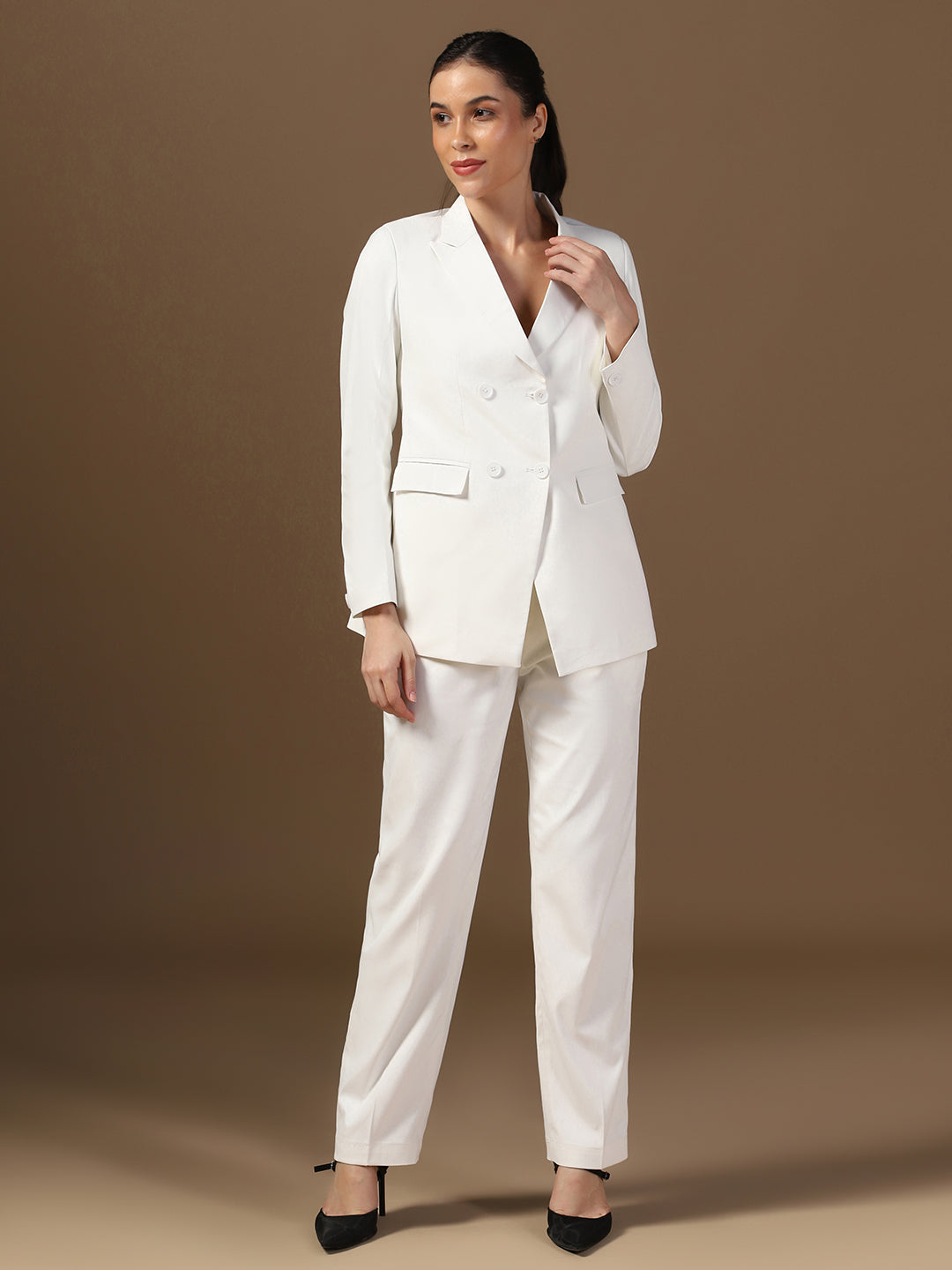 Women Off White Blazer And Trousers Suit Set - Tahvo India