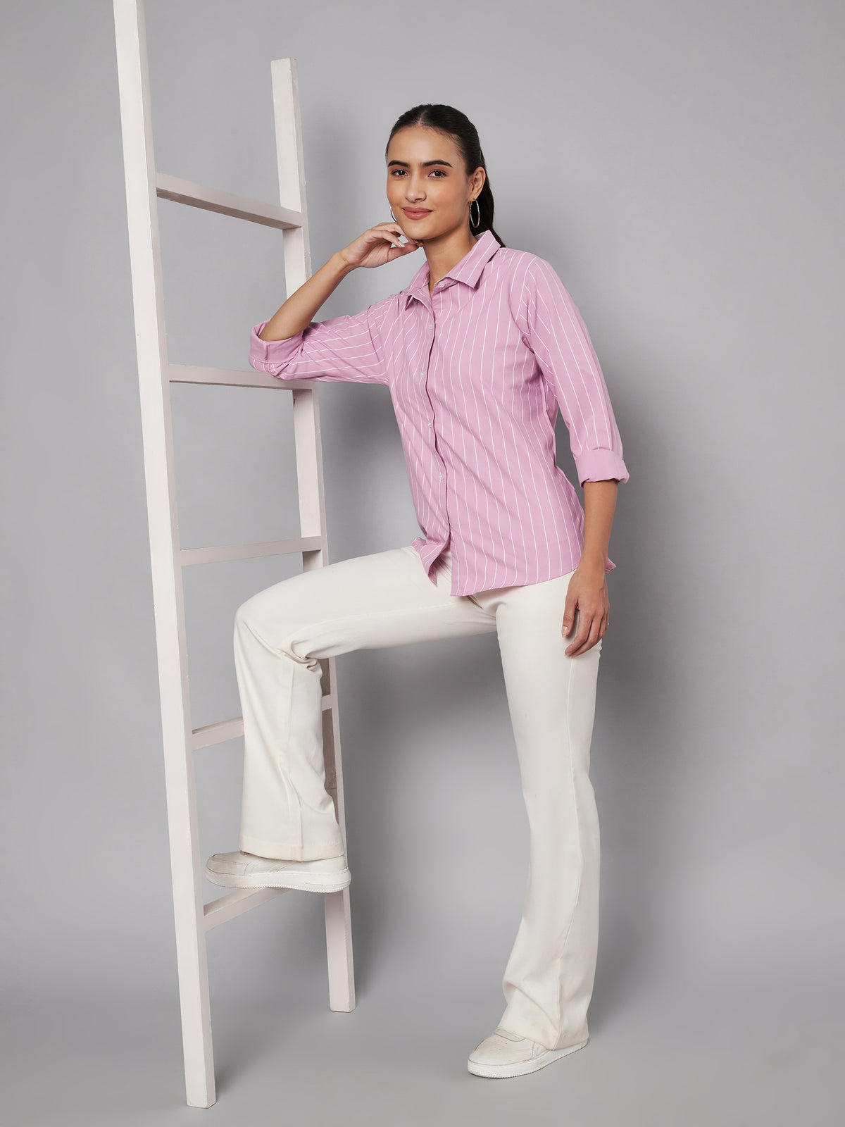 Women Pink Cotton Striped Shirt