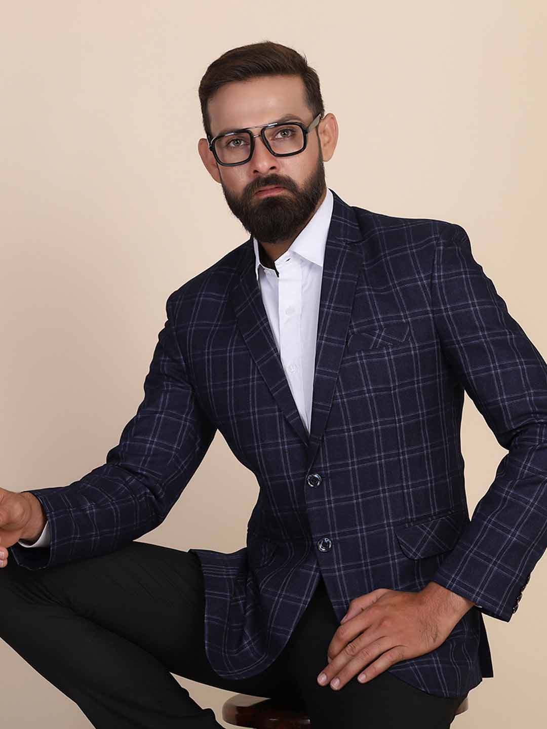 Men Tweed Blue Check Blazer - Tahvo India