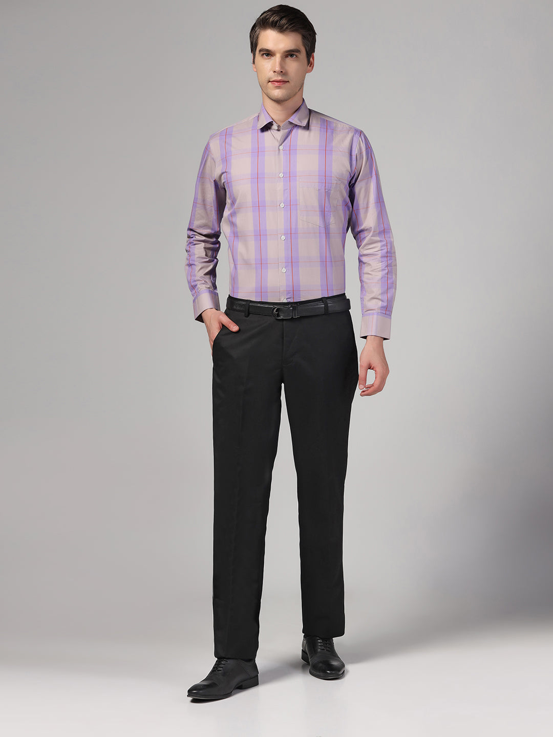 Men Purple Check Shirt & Trousers Set