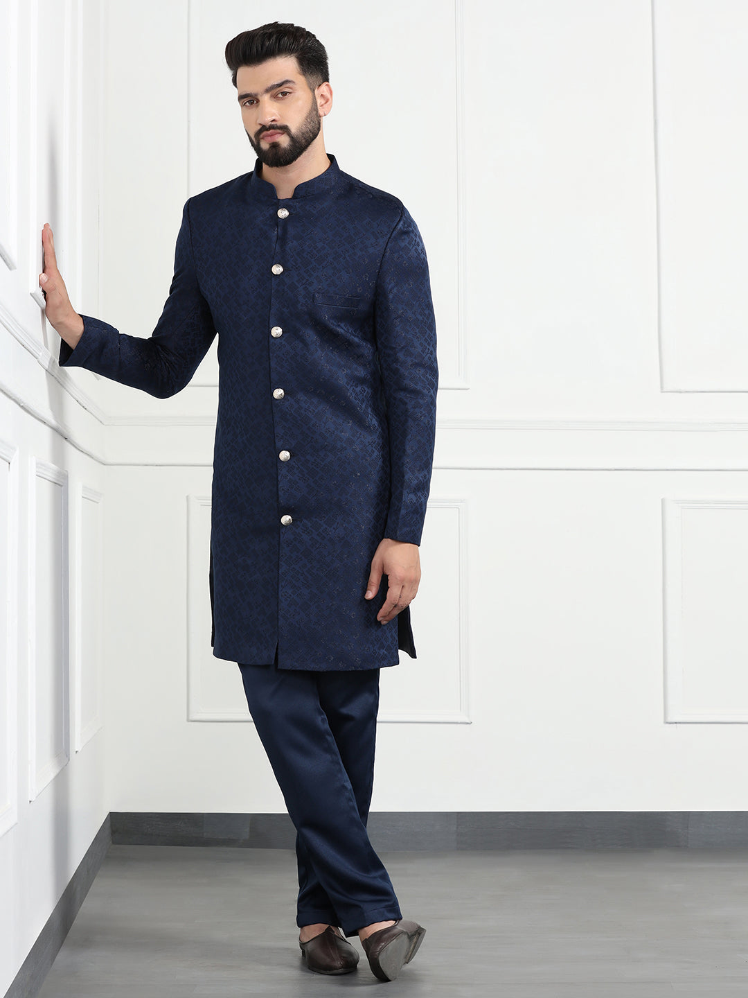 Men Navy Blue Sherwani - Tahvo India