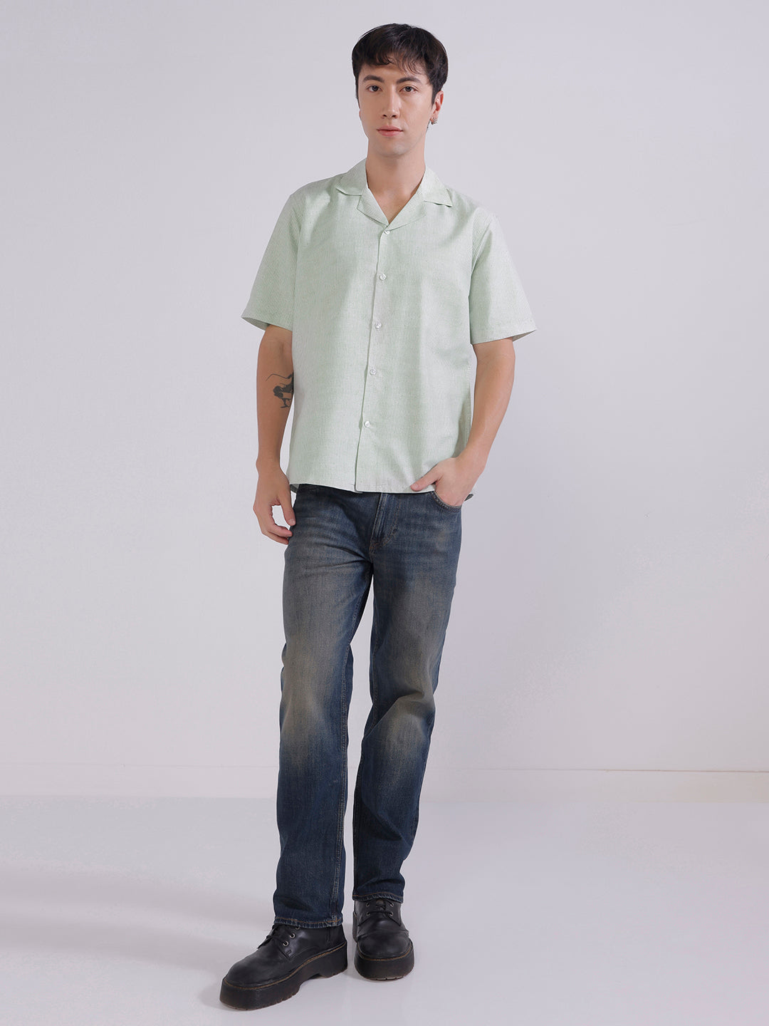 Men green stripes casual shirt