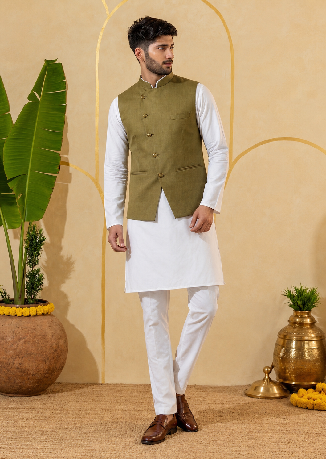 Men White Kurta Set With Green Jacket