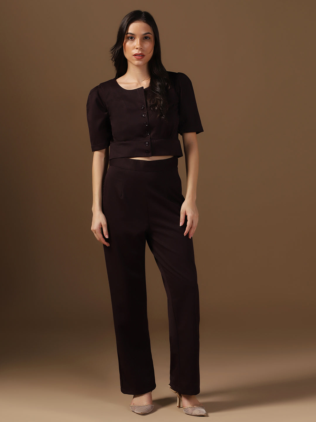 Wine Puff Sleeve Top And Trousers Co-Ords - Tahvo India