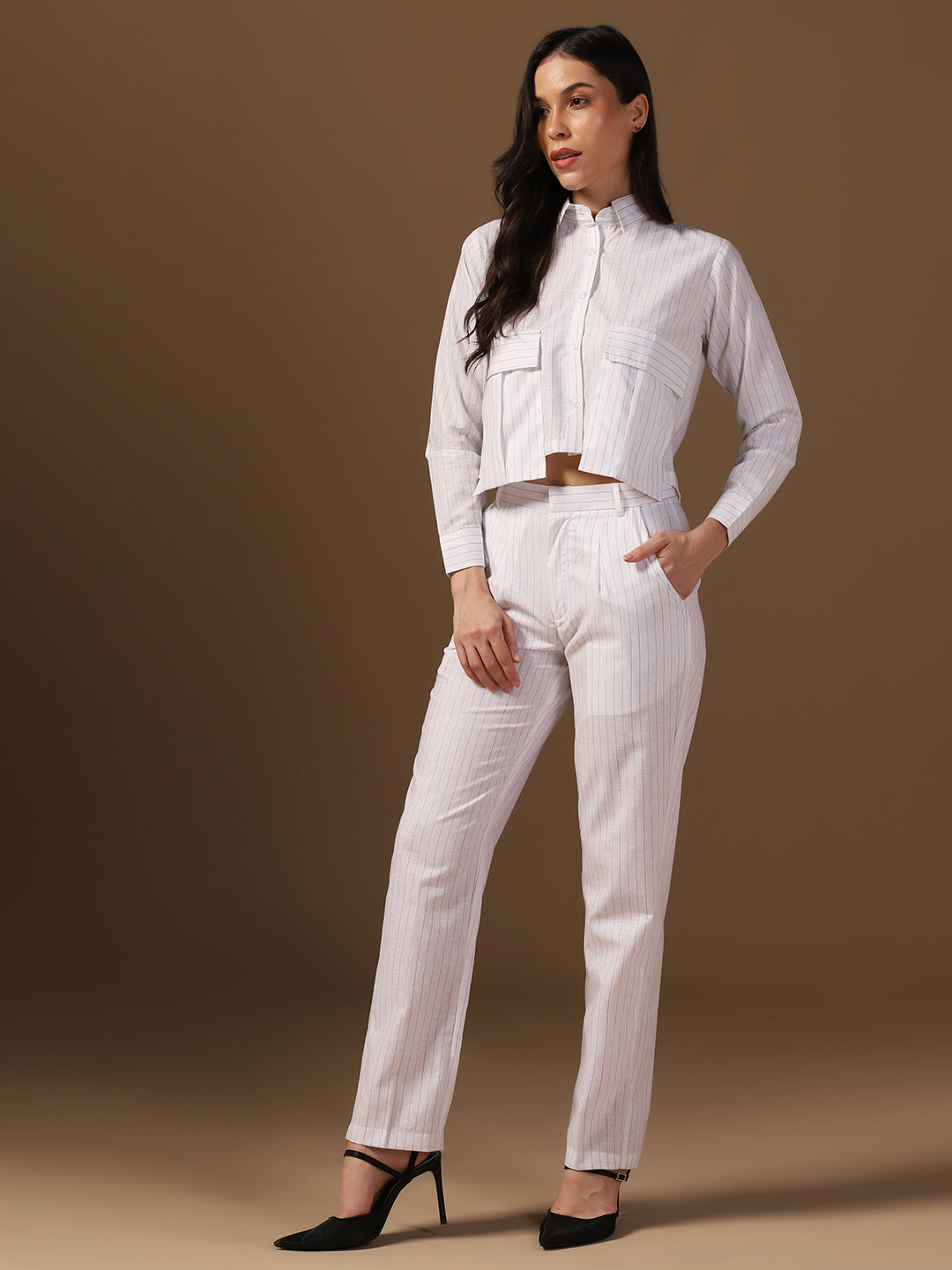 White Crop Shirt And Trouser Co-Ords - Tahvo India