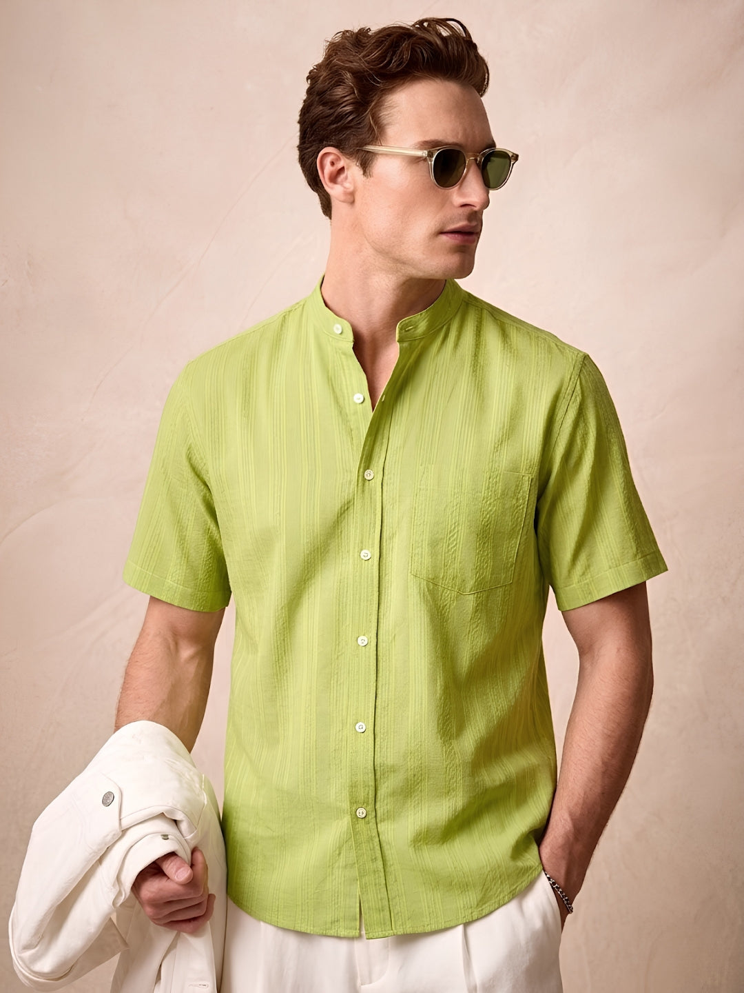 Men's Lime Green Mandarin Collar Short-Sleeve Textured Shirt