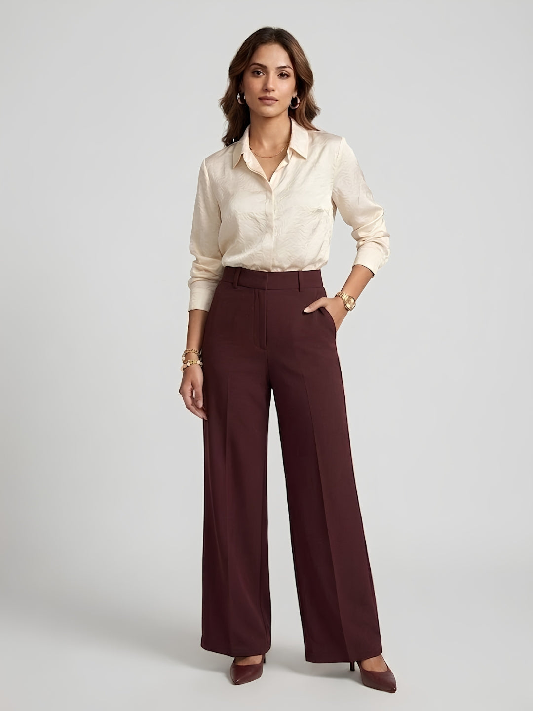Maroon Wide Leg Trousers Relaxed Straight Leg