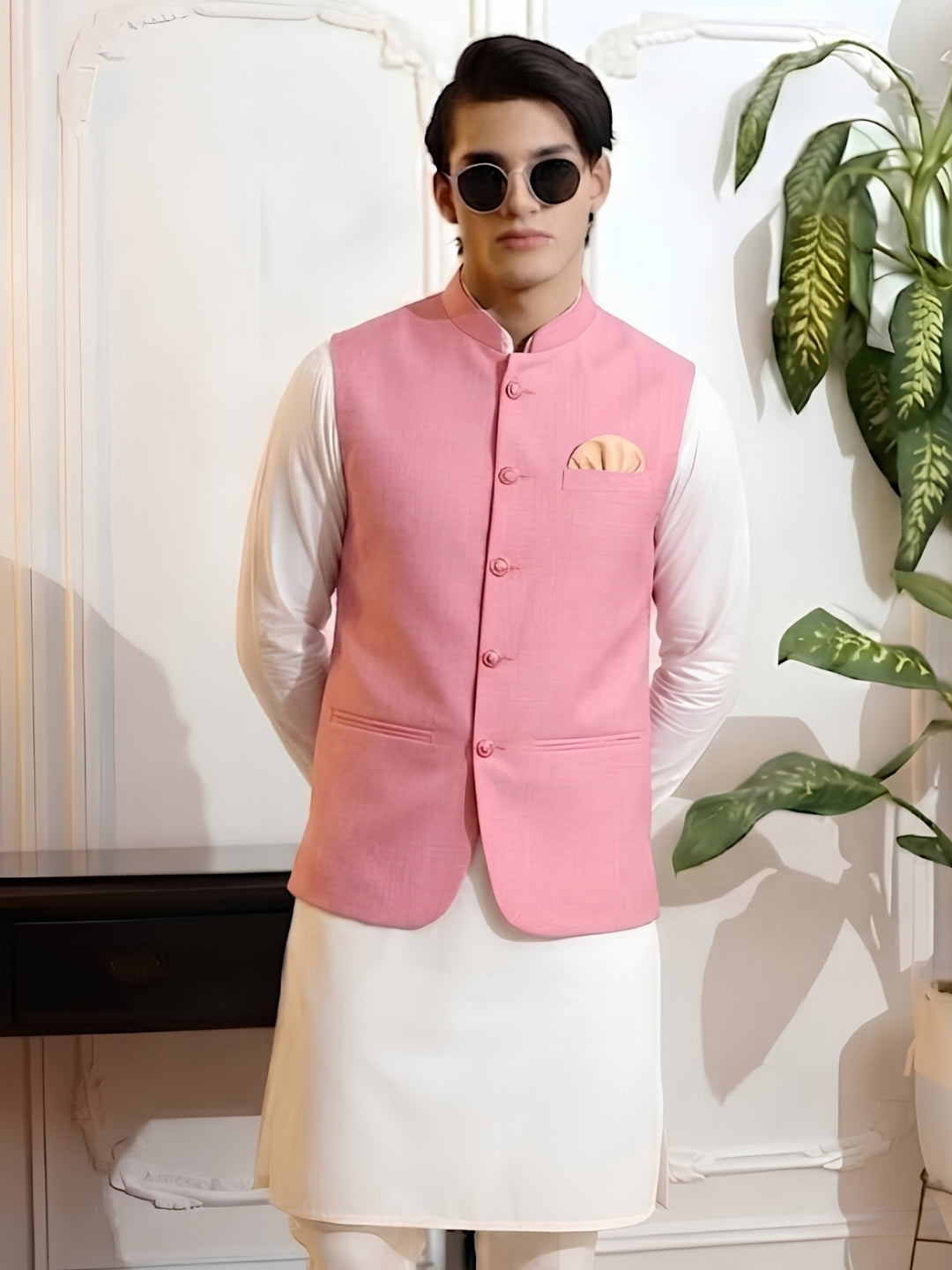 Men Pink Button Nehru Jacket
