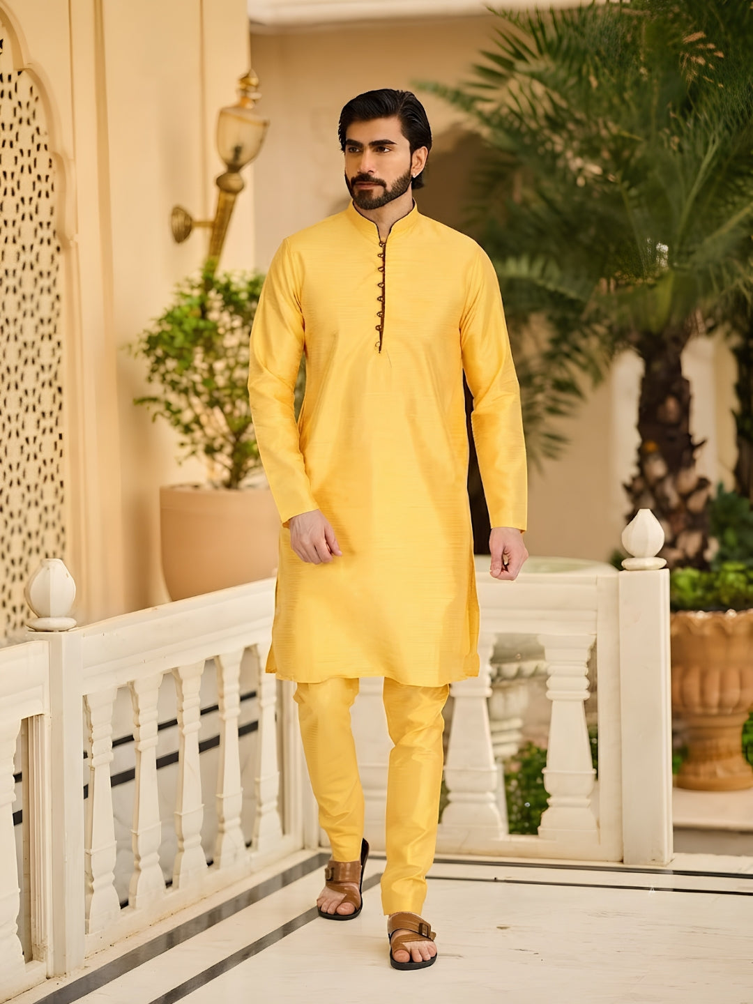 Men Yellow Dupion Kurta Set