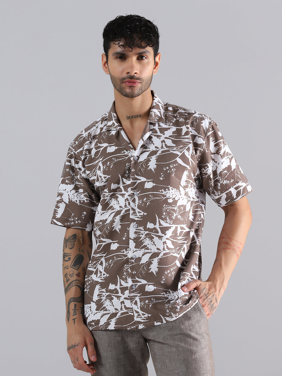 Brown Nature Burst Print Half Sleeve Shirt