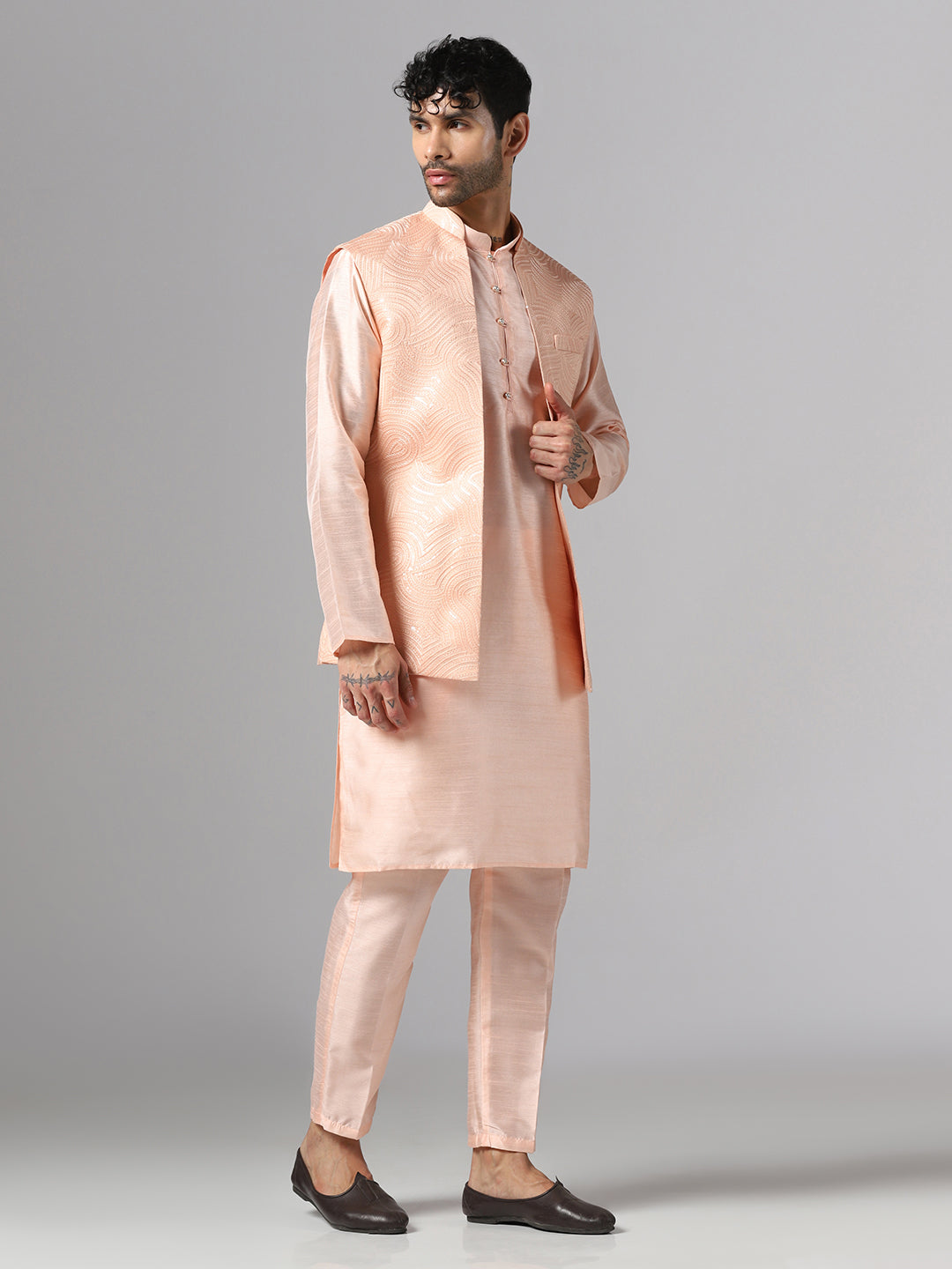Peach Whisper Kurta Set with Minimal Jacket