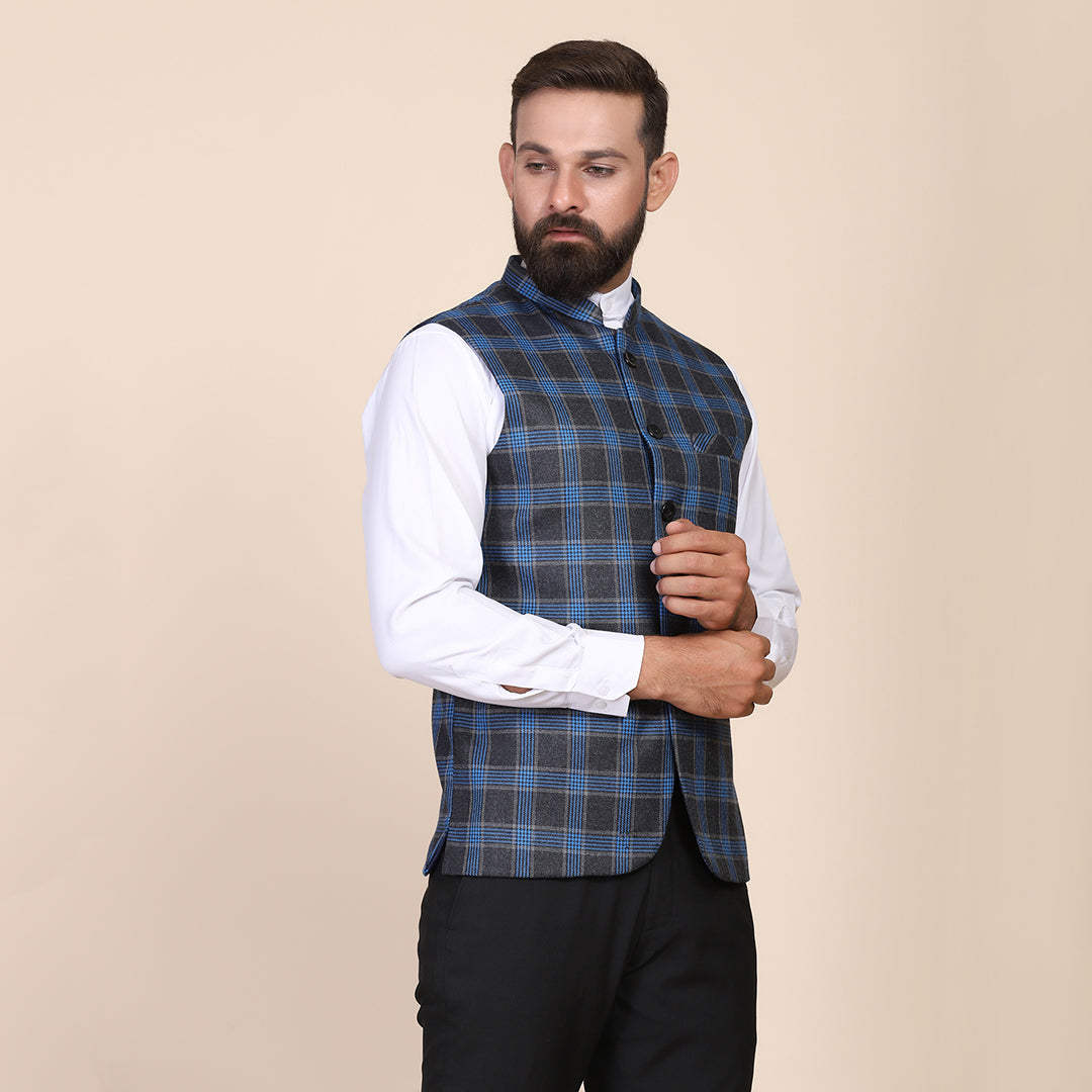 Men Blue Check Tweed Nehru Jacket - Tahvo India
