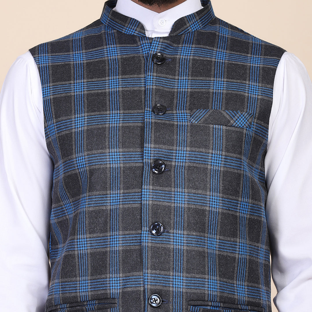 Men Blue Check Tweed Nehru Jacket - Tahvo India