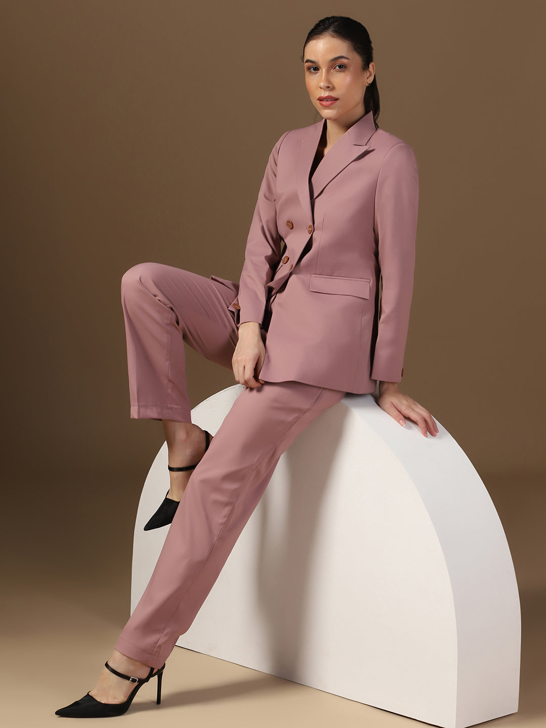 Women Rose Pink Blazer And Trousers Suit Set
