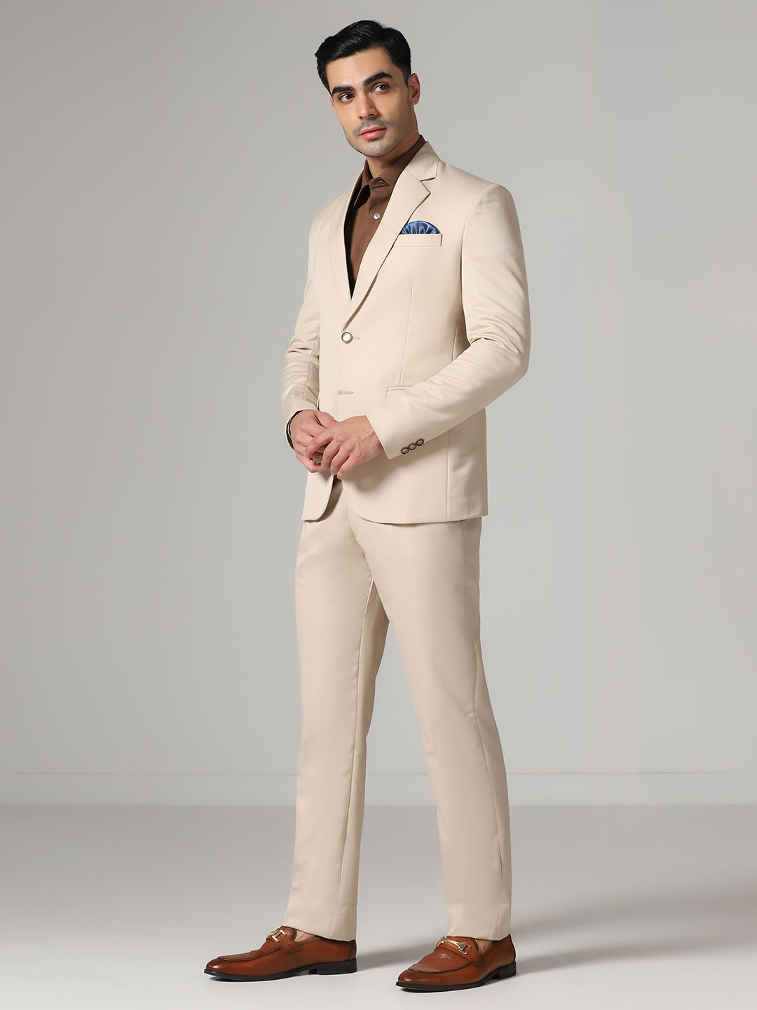 Men Beige Notched Lapel Suit