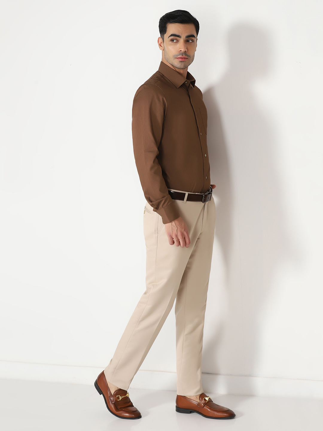 Men Beige Solid Formal Trouser