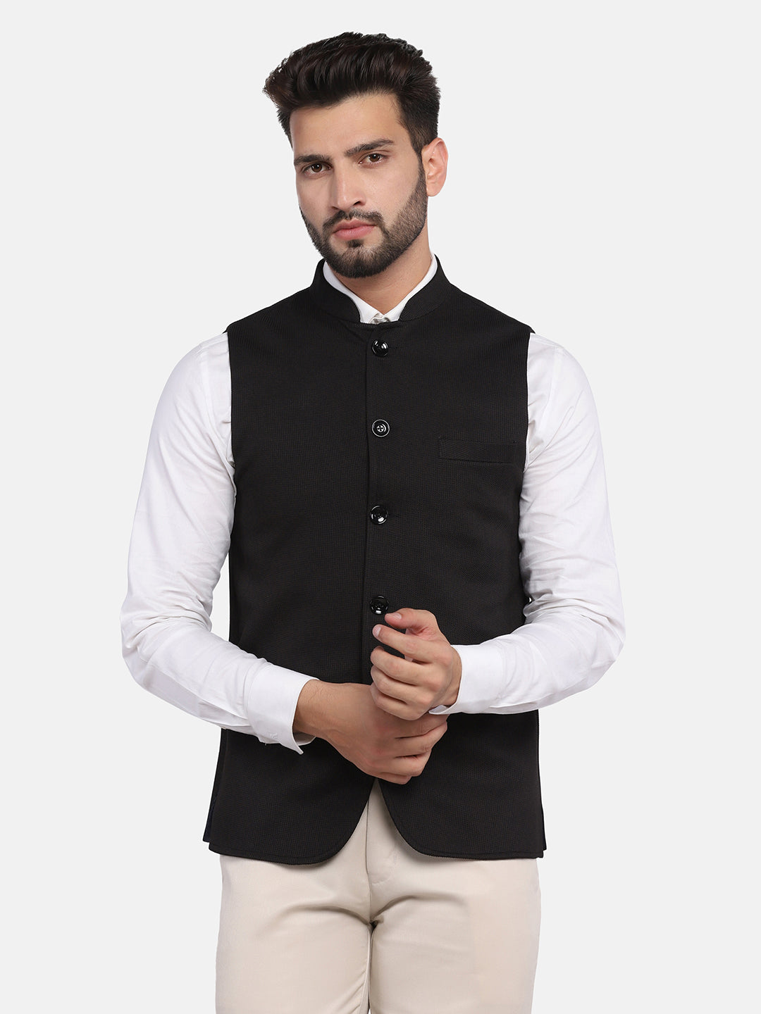 Men Black textured Nehru Jacket - Tahvo India