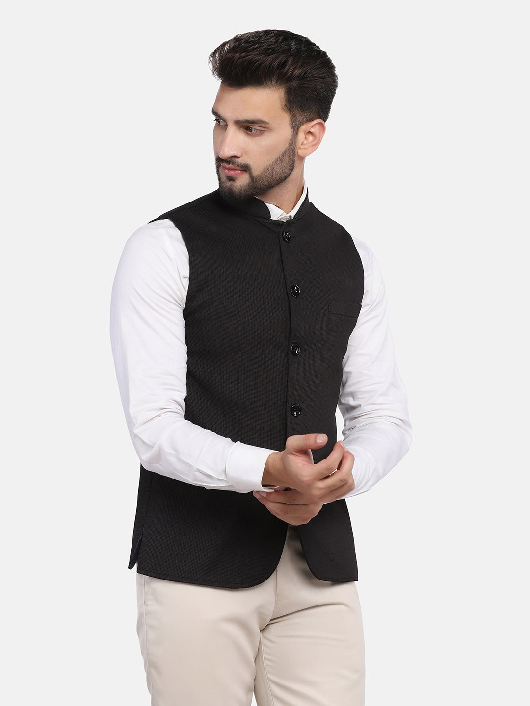Men Black textured Nehru Jacket - Tahvo India