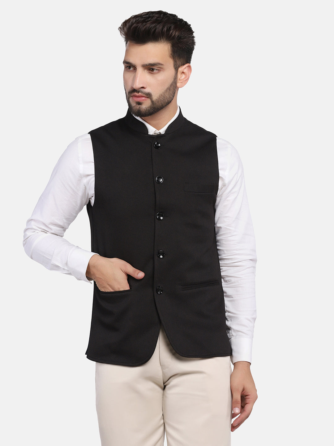 Men Black textured Nehru Jacket - Tahvo India