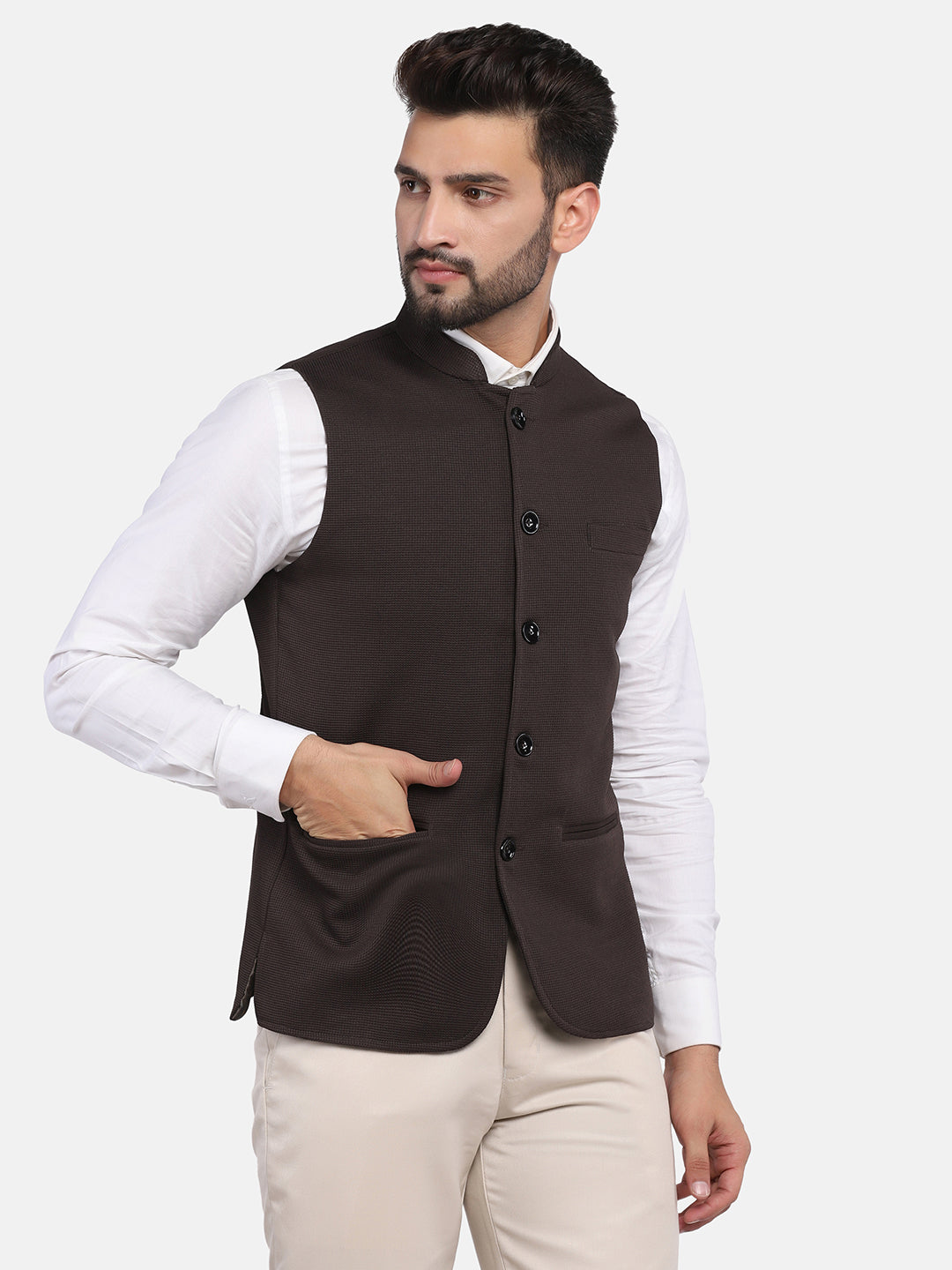 Men Brown textured Nehru Jacket - Tahvo India