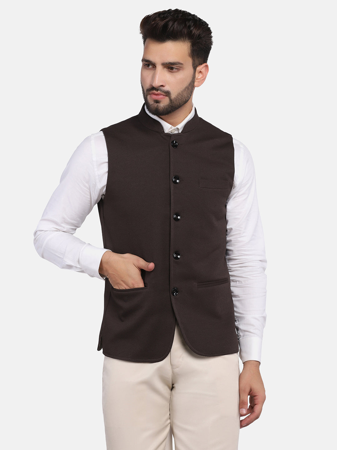Men Brown textured Nehru Jacket - Tahvo India