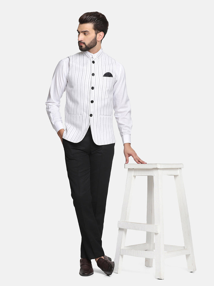 Men Grey Stripes Nehru Jacket - Tahvo India