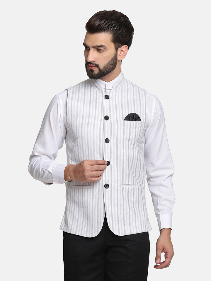 Men Grey Stripes Nehru Jacket - Tahvo India