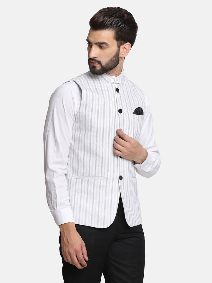 Men Grey Stripes Nehru Jacket - Tahvo India
