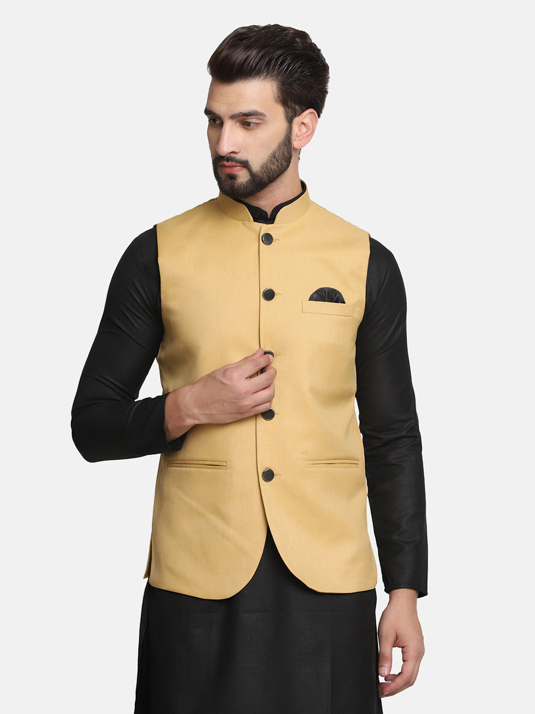 Men Golden Nehru Jacket - Tahvo India