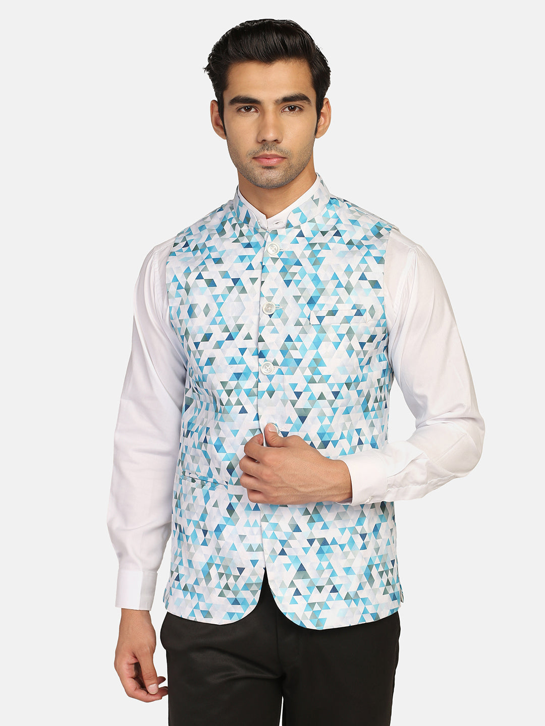 Men Blue Printed Nehru Jacket - Tahvo India