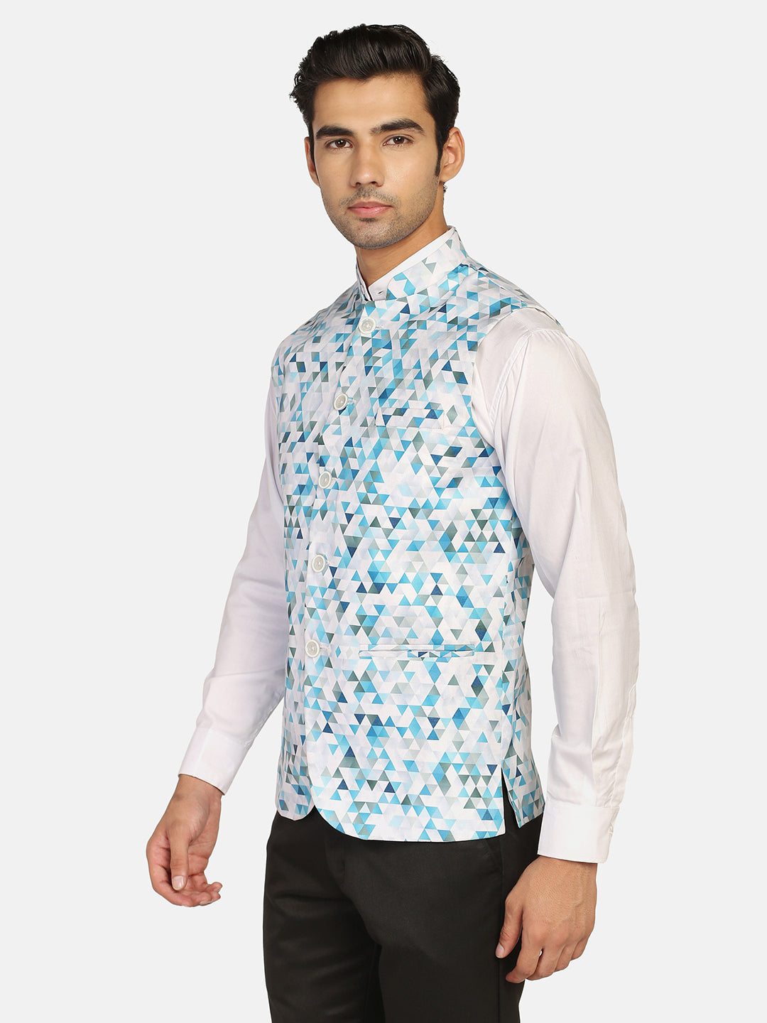 Men Blue Printed Nehru Jacket - Tahvo India