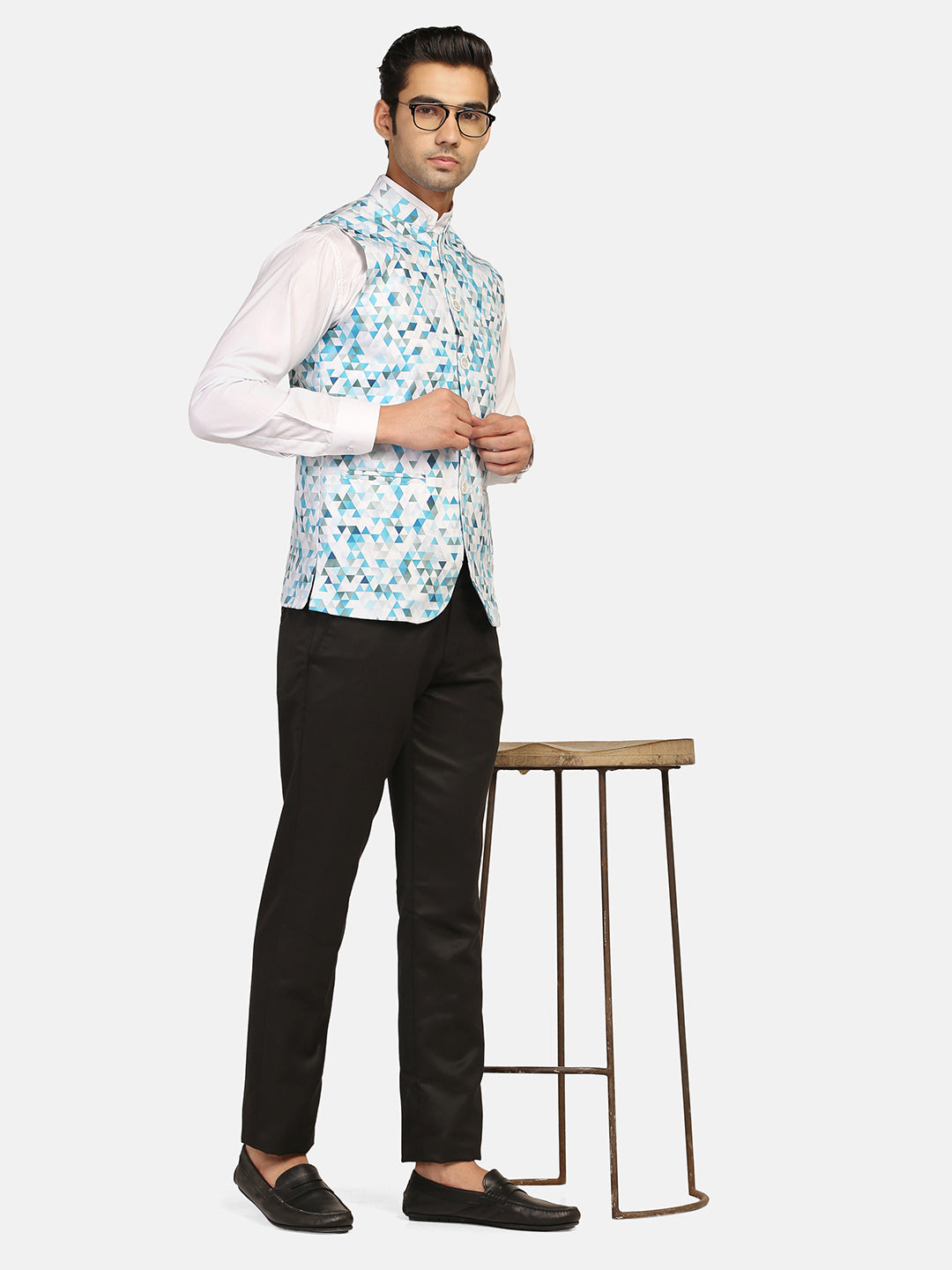 Men Blue Printed Nehru Jacket - Tahvo India