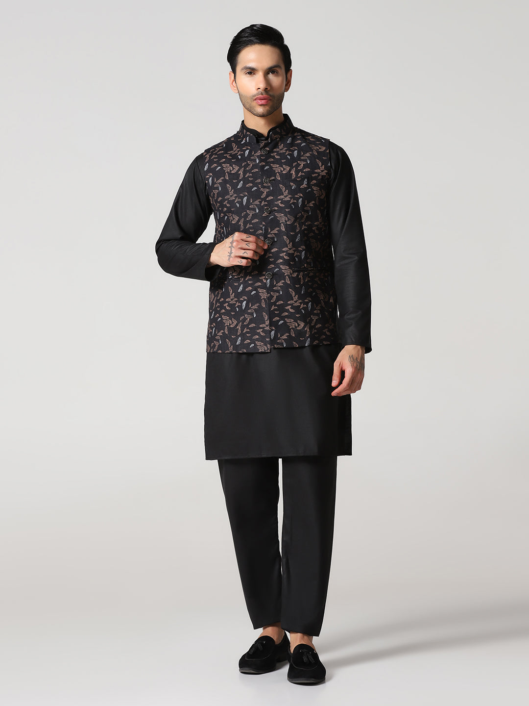 Black leaf nehru jacket kurta set