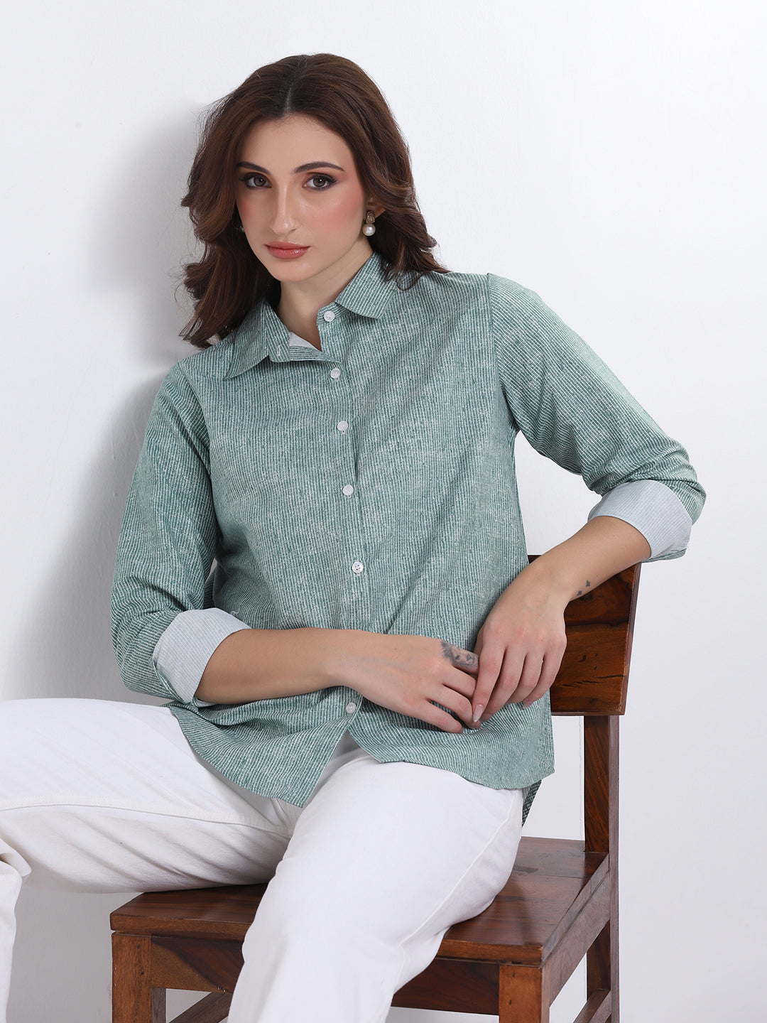 Women Green Striped casual shirt