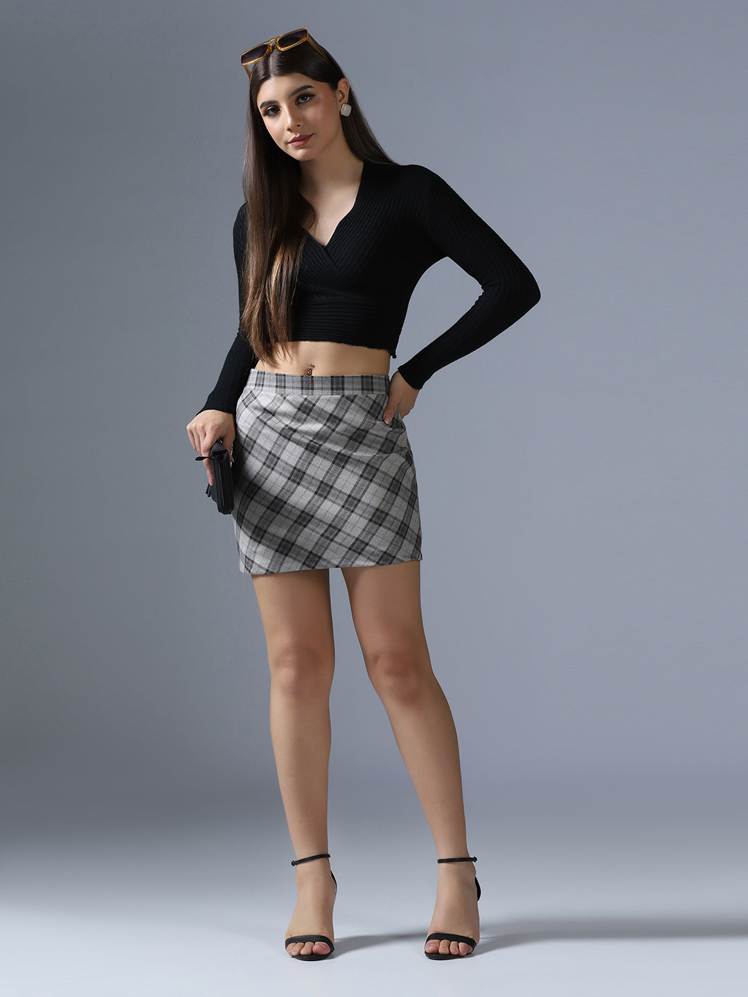 Women Grey Checked Mini Skirt - Tahvo India