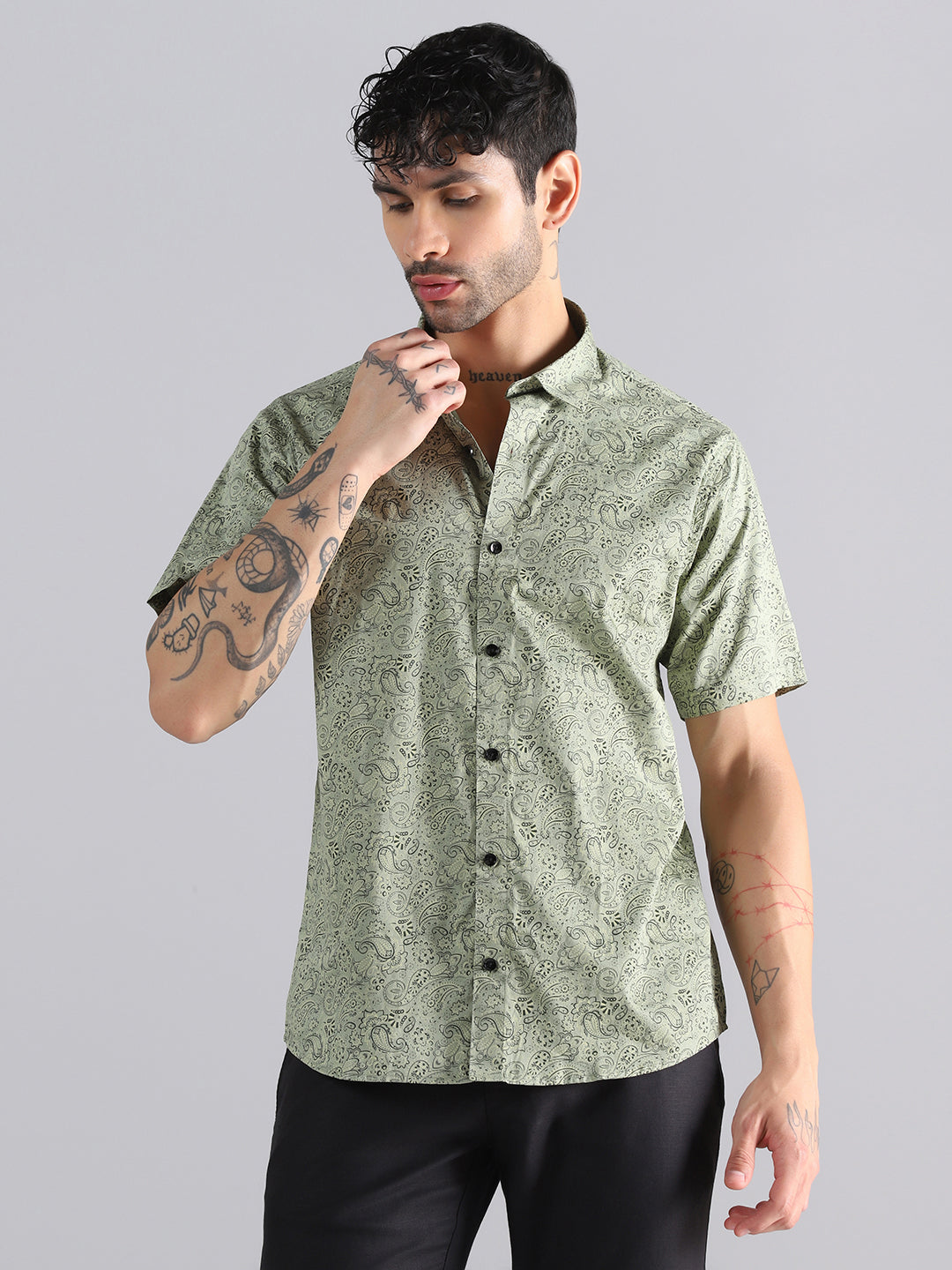 Light Green Paisley Half Sleeve Shirt - Tahvo India