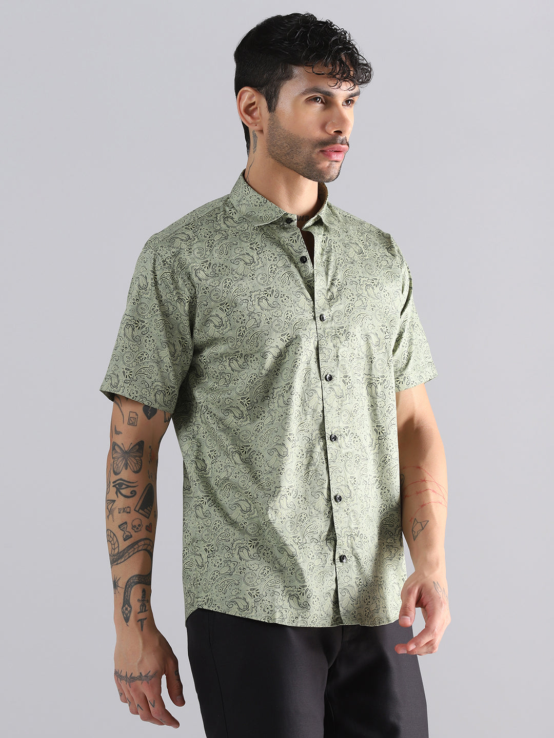 Light Green Paisley Half Sleeve Shirt