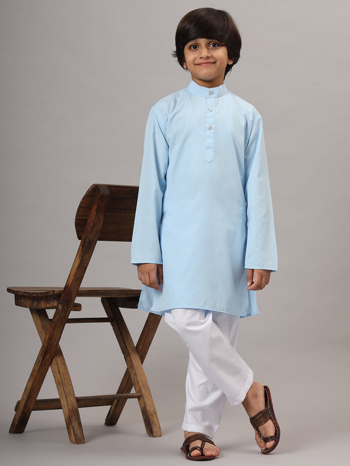 Boys Sky Blue Solid Kurta Set - Tahvo India