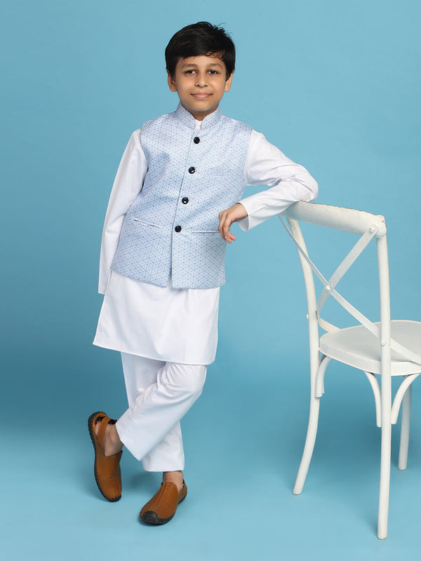 Light Blue Printed Jacket With White Kurta Set